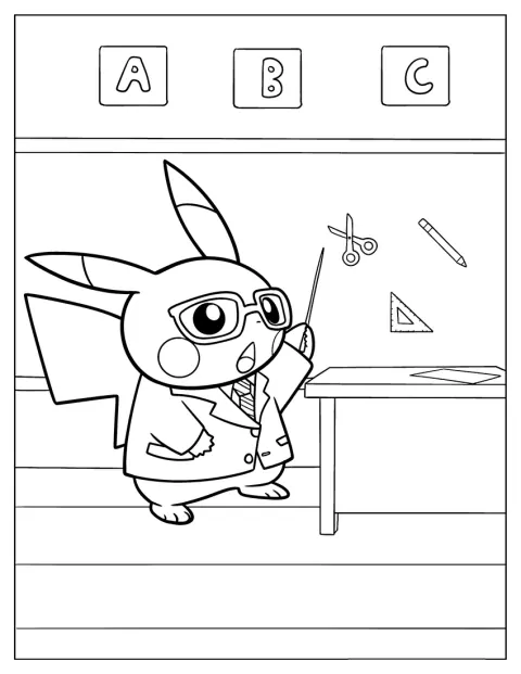 Pikachu står med briller ved tavla i rollen som lærer.