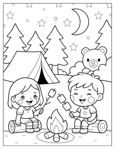 子どもたちがテントで夜を過ごすそばに、クマが姿を見せています。