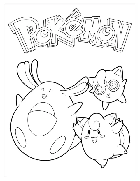 Chansey ja Clefable leikkivät Jigglypuffin kanssa.