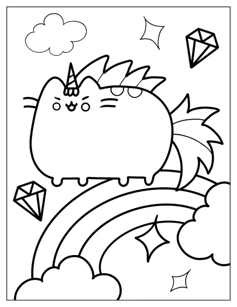 Yksisarviseksi pukeutunut Pusheen hyppää sateenkaaren yli.