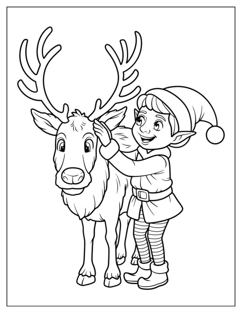 En sød julenisse klapper et rensdyr ved juletid.