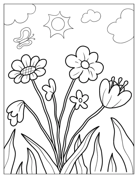 Unas flores silvestres aparecen dibujadas con formas sencillas.