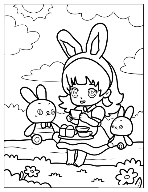 Con le orecchie da coniglio, una ragazza chibi organizza un tè all’aperto.