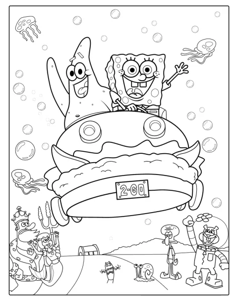 SpongeBob en Patrick rijden samen in de Krokante Krabmobiel door Bikini Bottom.