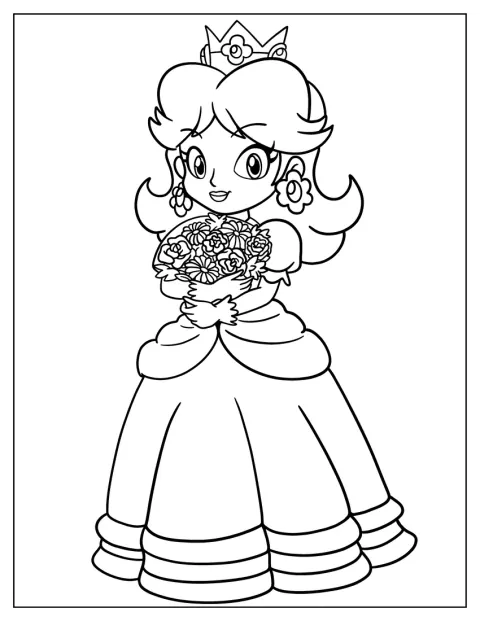Prinzessin Daisy hält einen Strauß Blumen.