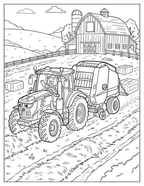 Een John Deere-tractor trekt een hooipers over het land.