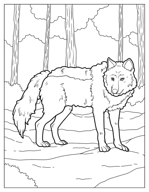 毛並みまで細かく描かれたオオカミが、森の中に立っています。