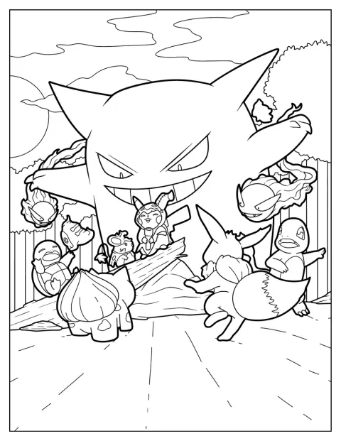 Ein riesiger Gengar steht bei Charmander, Eevee, Bulbasaur, Squirtle und Pikachu.