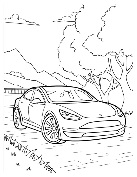 Egy Tesla egy terebélyes fa árnyékában parkol.