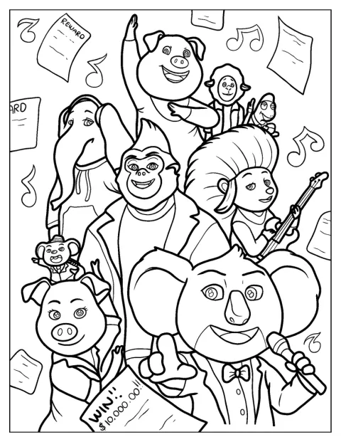 Buster Moon posa con Rosita, Mike, Ash, Johnny, Meena, Gunter y Eddie.