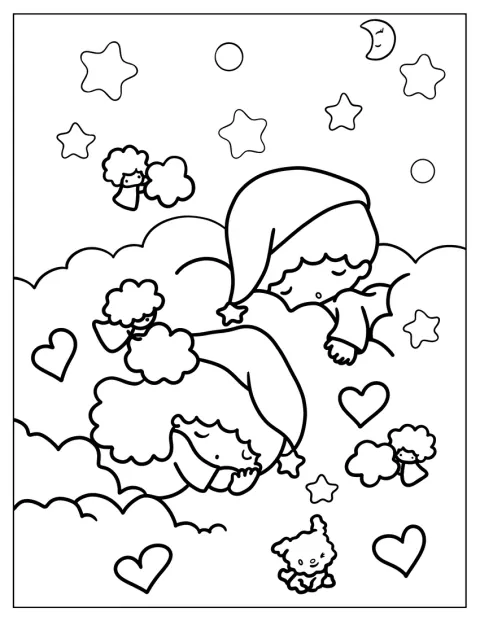 Les jumeaux Little Twin Stars, Kiki et Lala, dorment paisiblement sur des nuages.