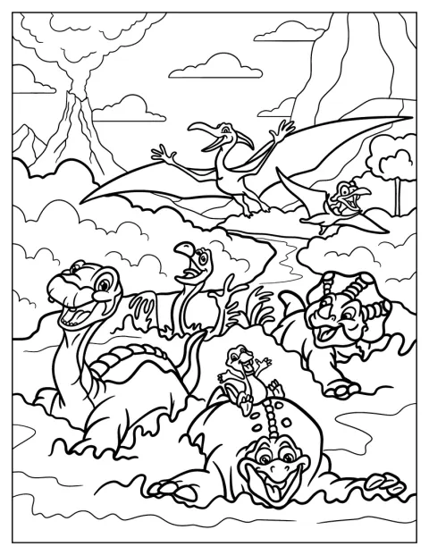 Littlefoot, Spike, Ducky, Cera ja Petrie seisovat yhdessä.