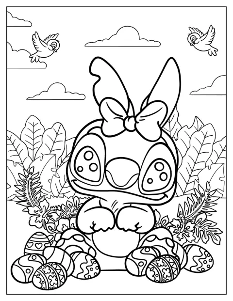 Stitch è seduto accanto a diverse uova di Pasqua.