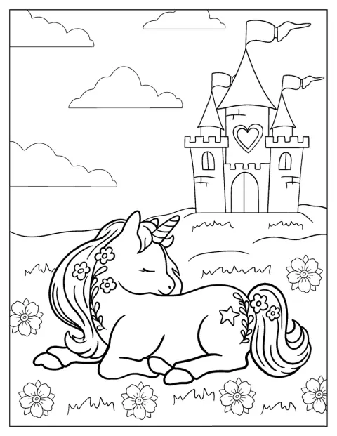 Ein Einhorn sitzt zwischen blühenden Blumen auf einer Wiese.