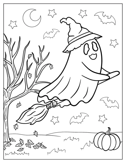 Halloween Ghost On Broom In Autumn Coloring Sheet