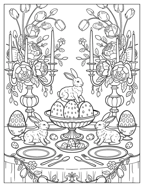 Uma mesa posta para a Páscoa tem flores e um candelabro.
