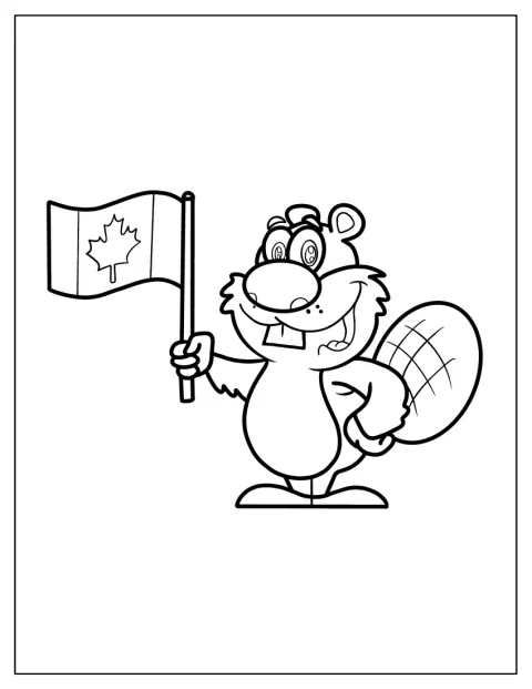 Une mascotte castor tient le drapeau canadien dans une patte.
