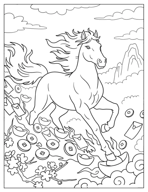Un cheval du zodiaque chinois galope parmi les nuages, les pièces porte-bonheur et les lingots.