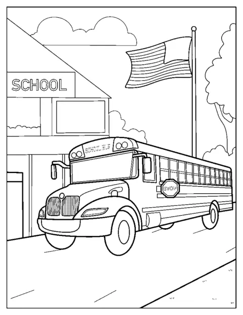 Neben dem Schulbus weht eine amerikanische Flagge.