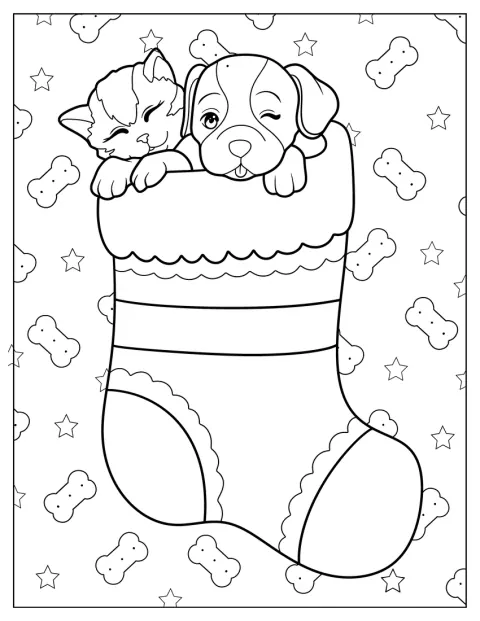 Un chiot et un chaton se blottissent dans une grande chaussette de Noël.