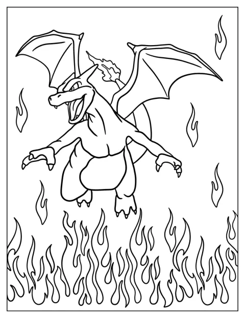 Charizard syöksee tulta ympärillään leimuavien liekkien keskellä.