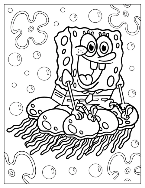 SpongeBob stă pe meduze într-un peisaj subacvatic.