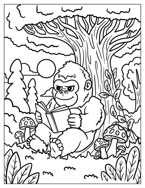 木の下に座ったキング・コングが、眼鏡をかけて本を読んでいます。
