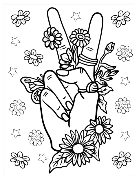 En realistisk hand gör ett segertecken och är täckt av blommor.