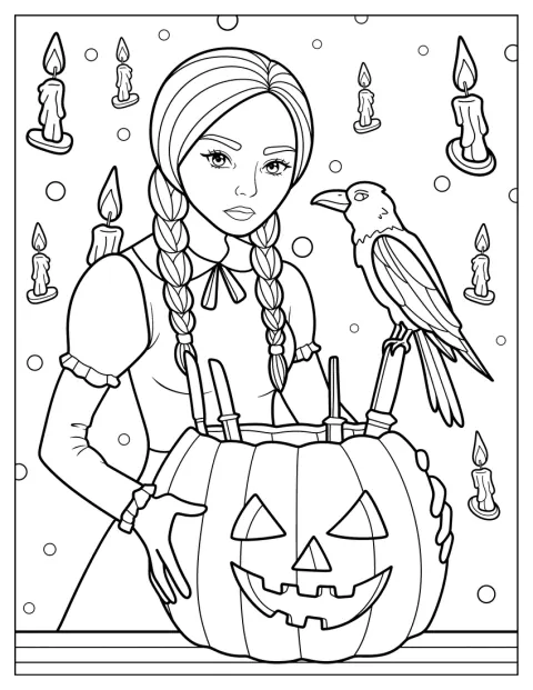 Wednesday segura uma abóbora de Halloween de onde saem várias facas.