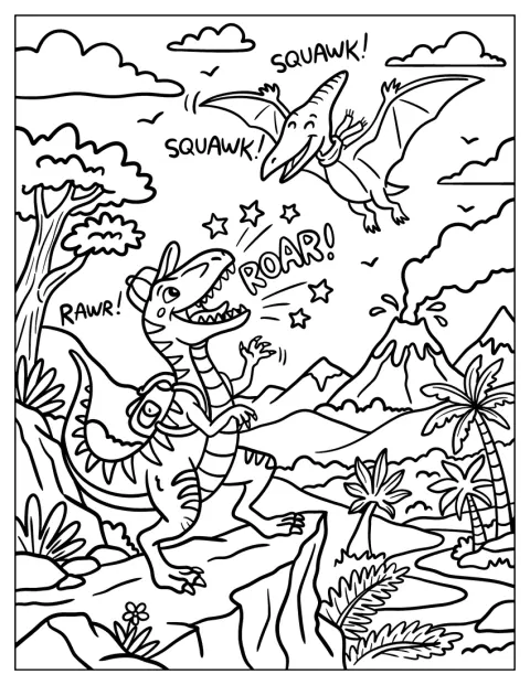 Egy hátizsákos Velociraptor egy Pterodactylusra üvölt.