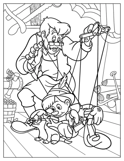 Geppetto fait bouger la marionnette Pinocchio à l’aide de ses fils.