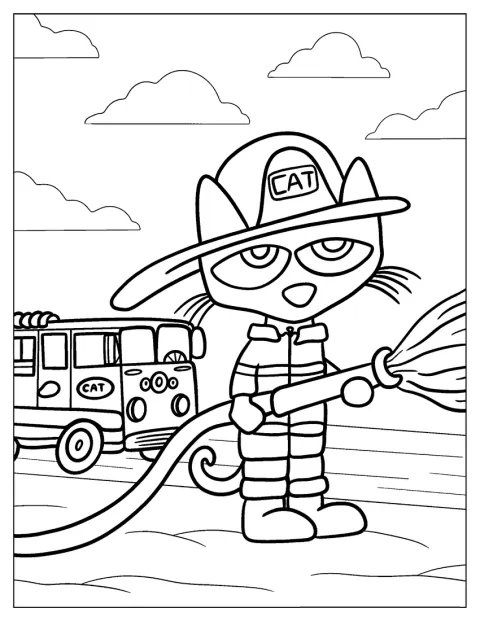 Pete the Cat v hasičské výstroji vyráží k zásahu.