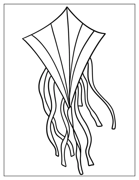 Szalagok lógnak a rombusz alakú papírsárkány farkáról.