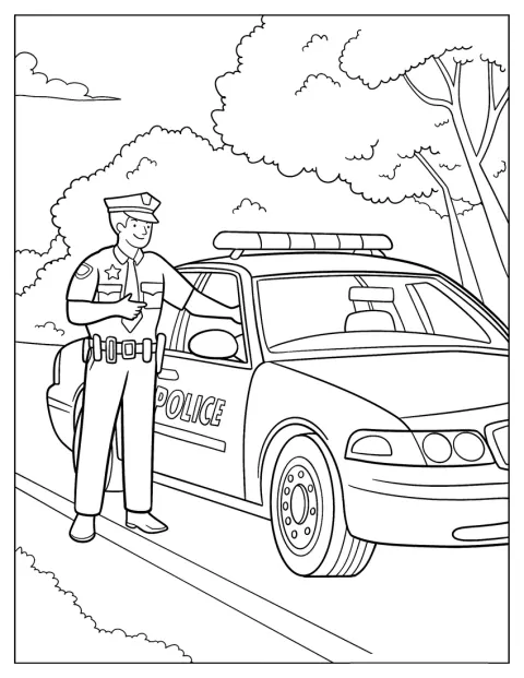 Een politieagent staat naast zijn patrouilleauto.