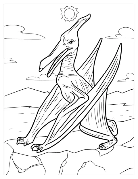 Num penhasco, um pterodáctilo observa a paisagem.