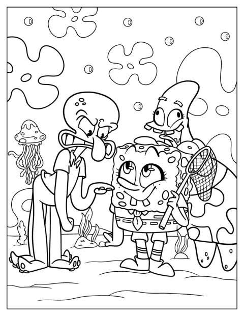 Octo staat met SpongeBob en Patrick Ster in een gedetailleerde afbeelding.