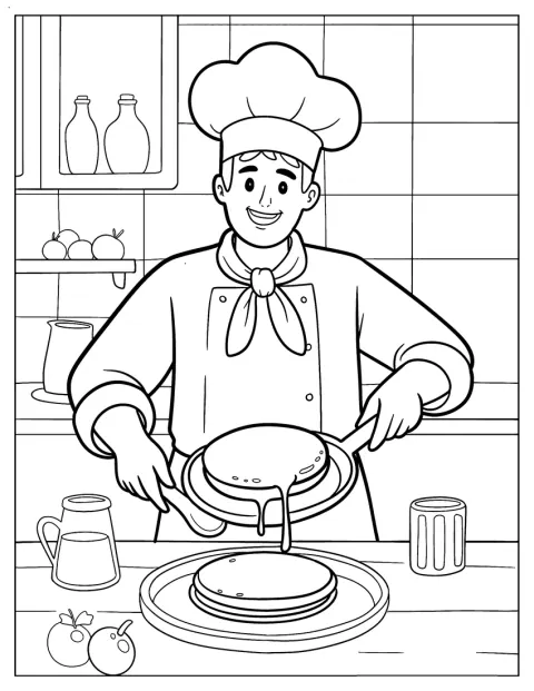 Een lachende kok staat pannenkoeken te bakken.