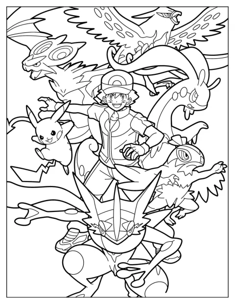 Ash Ketchum stoi z Greninją, Pikachu, Noivernem, Goodrą i Hawluchą.