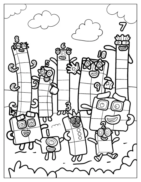 Numberblocks 1 till 10 vinkar glatt tillsammans.