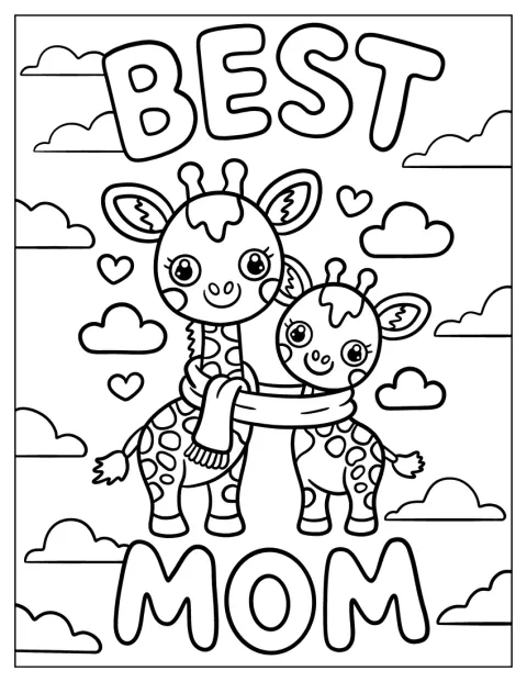 Uma girafa mãe e a sua cria partilham um cachecol sob a frase «Melhor Mãe».