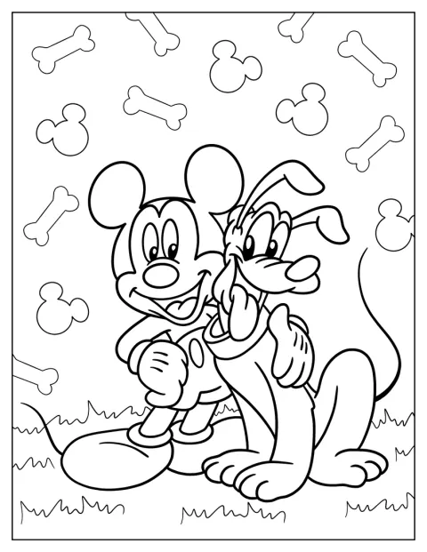 Mickey Mouse está ao lado de Pluto, com o braço à volta do cão.