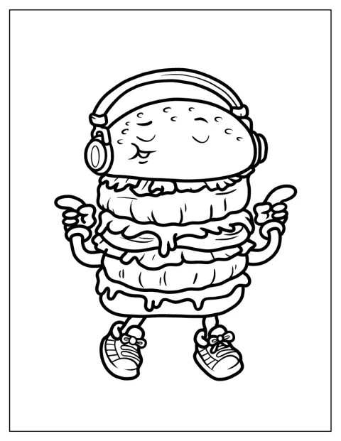 Un burger stylé porte un casque audio et des baskets.