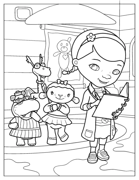 Doc McStuffins ist mit Lambie, Hallie und Stuffy im Spielzeugkrankenhaus.
