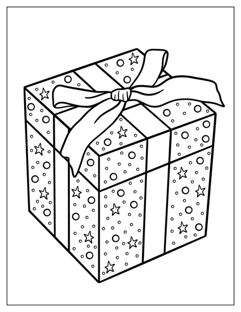Un cadeau simplement emballé, surmonté d’un ruban, est représenté seul.