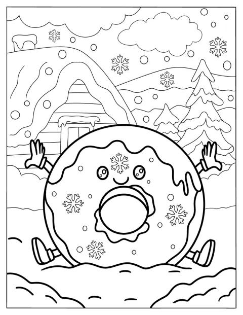 Un beignet personnifié s’amuse dans la neige pendant les fêtes de Noël.
