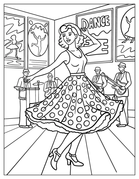 Una bailarina gira por una pista retro mientras suenan los músicos.