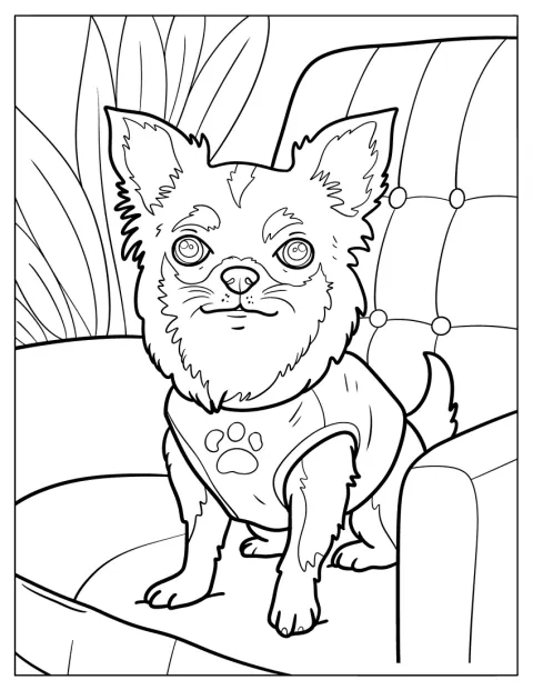 En fluffy chihuahua i skjorte sitter i sofaen.