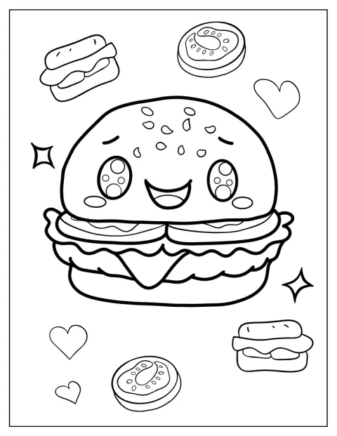 Un hamburger dal volto allegro è disegnato in stile cartoon.