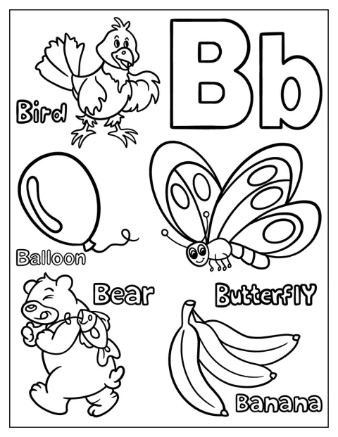Przy literze B znajdują się ptak, balon, motyl, banan i miś.