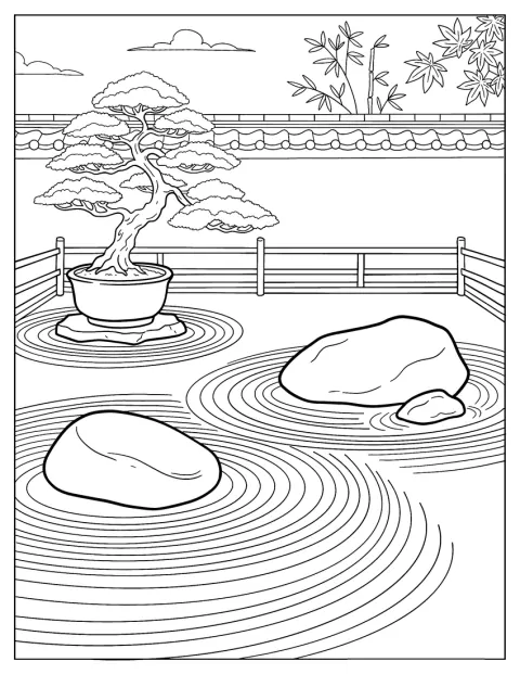 En bonsai, stenar och krattat grus bildar en lugn japansk zenträdgård.